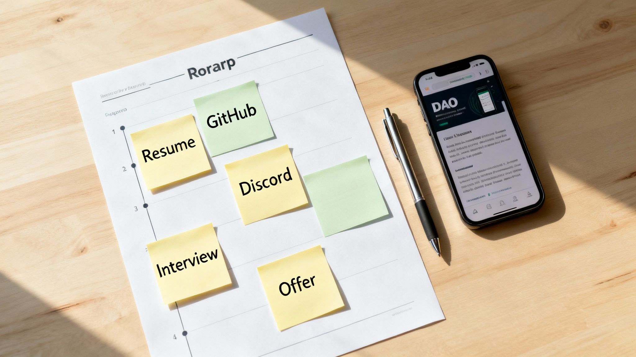 Job search roadmap with sticky notes showing resume, GitHub, Discord, interview, and offer stages