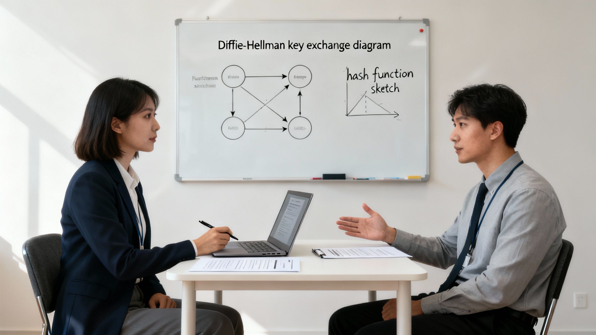 A man and woman discuss Diffie-Hellman key exchange and hash functions.