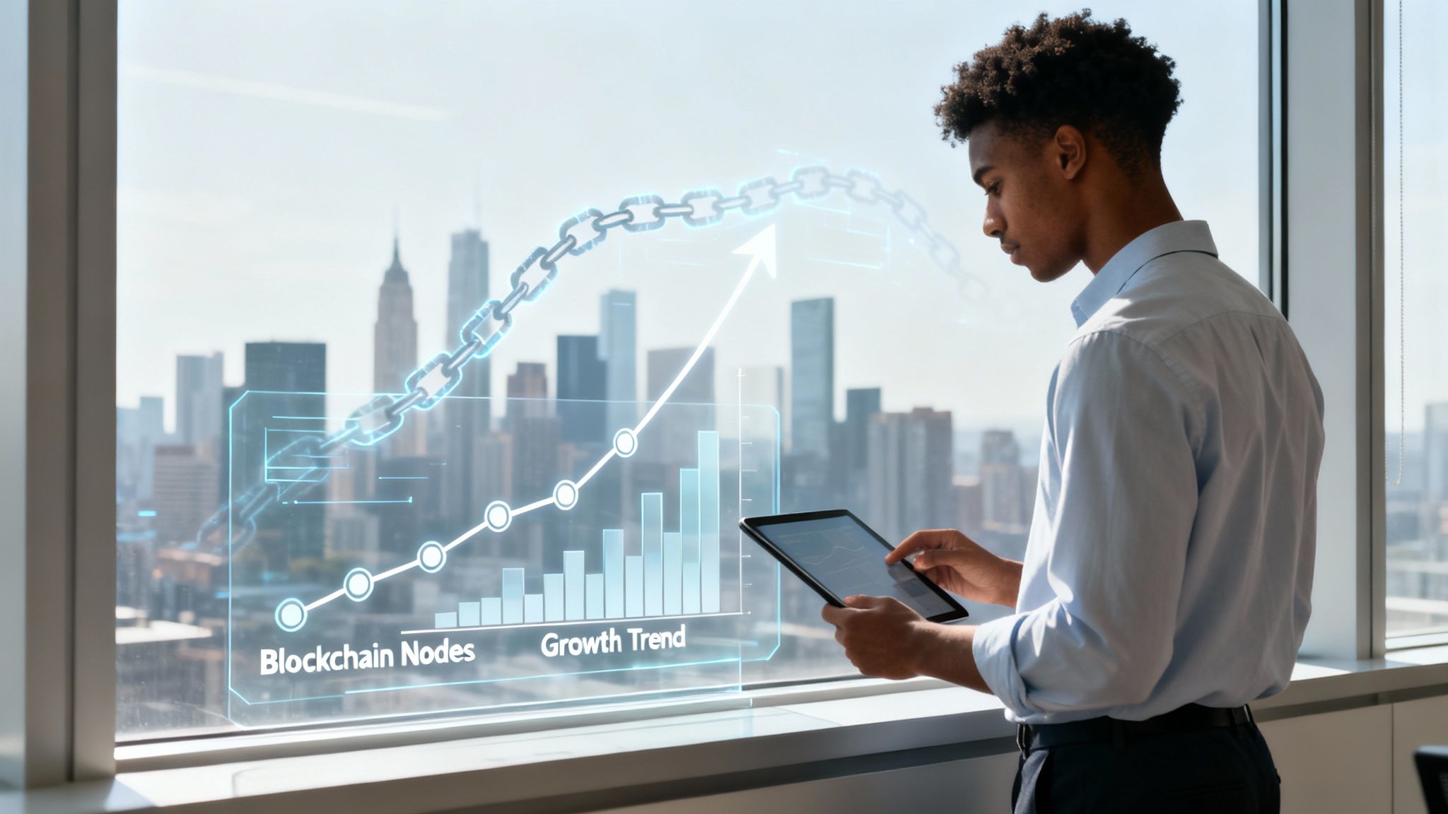 Young man analyzing blockchain growth trends on a tablet in a modern office overlooking a cityscape.