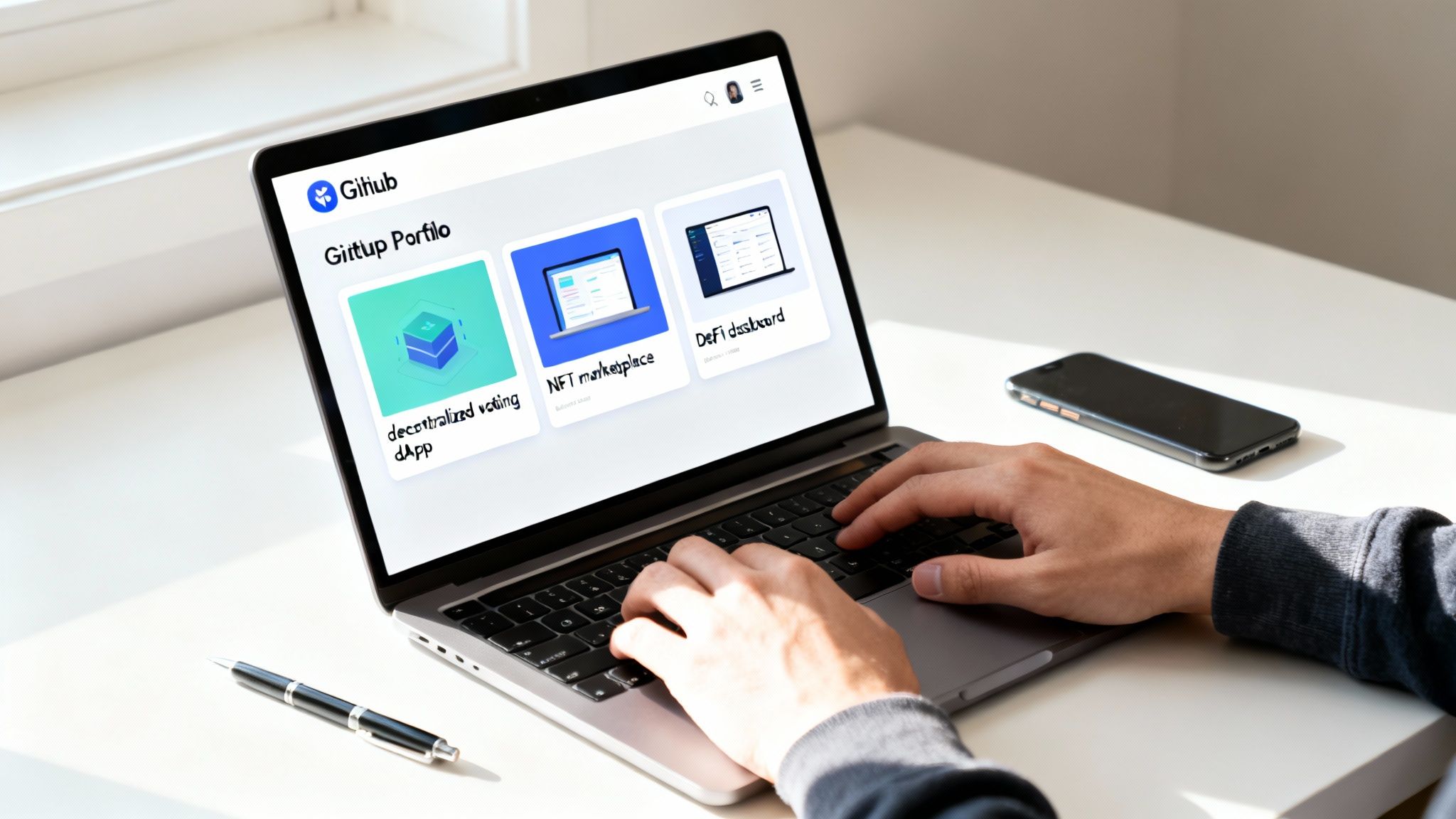 Close-up of hands typing on a laptop showcasing a GitHub portfolio of blockchain development projects.