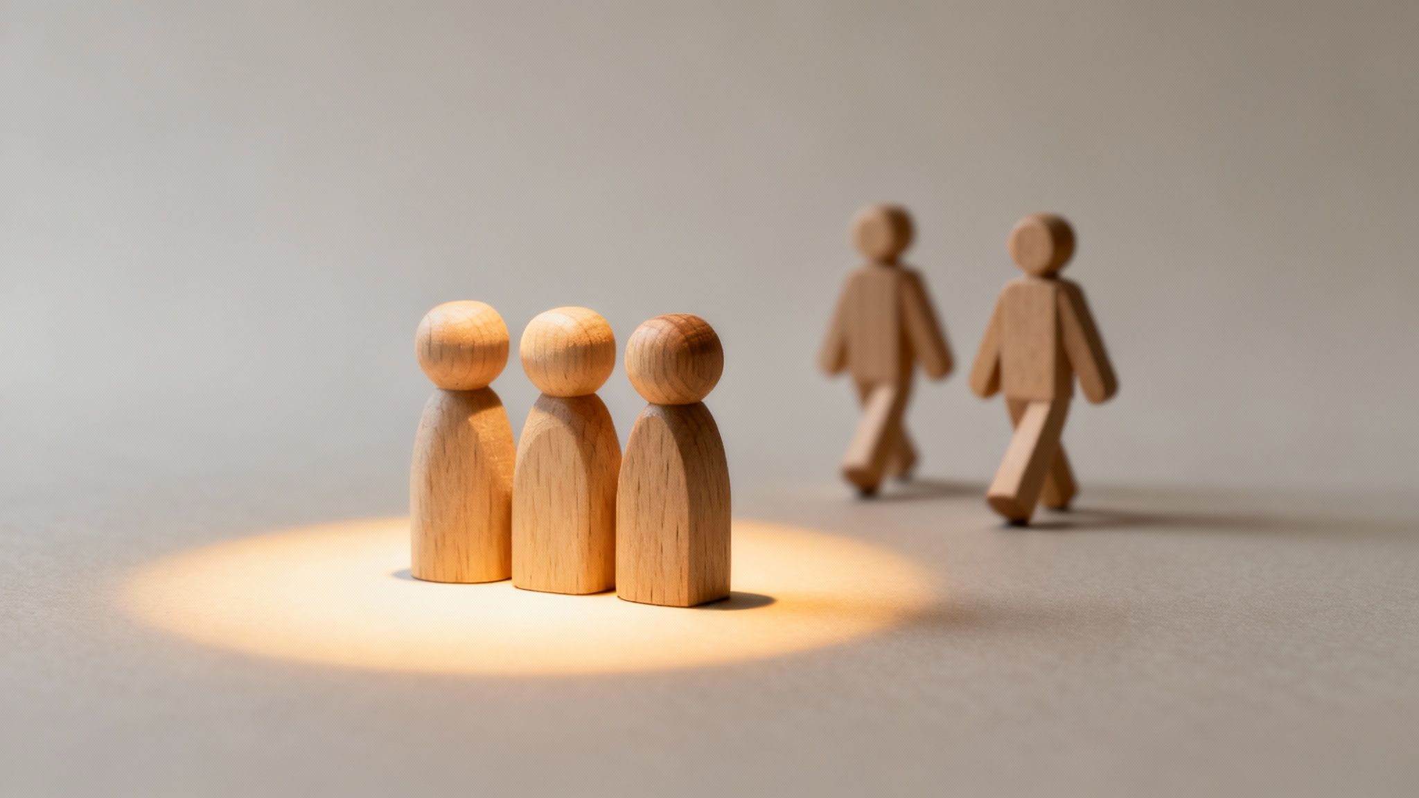 Wooden figures in spotlight representing team selection and quality of hire recruitment process