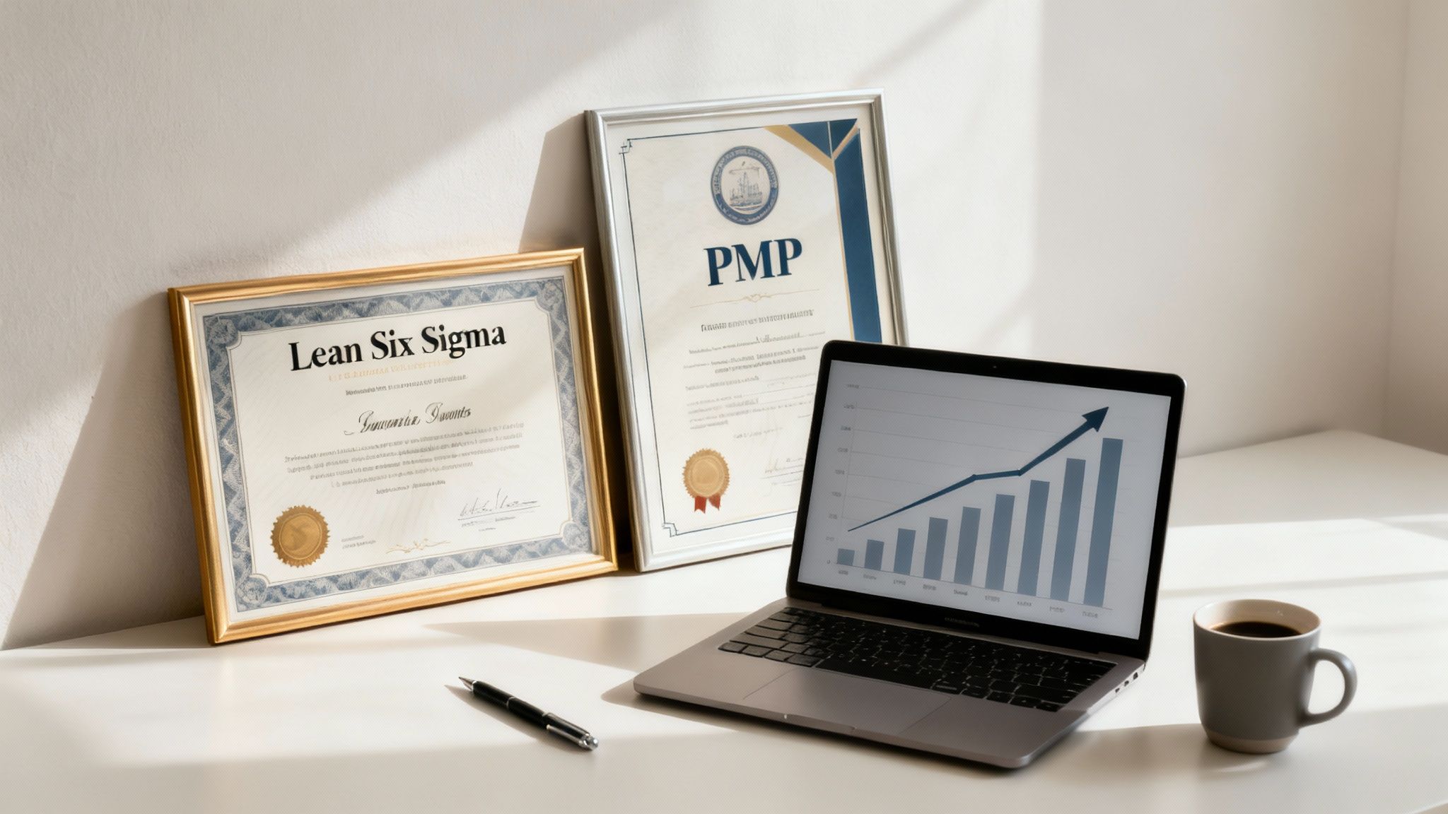 Two framed professional certificates, a laptop with a growth chart, a pen, and a coffee cup on a desk.