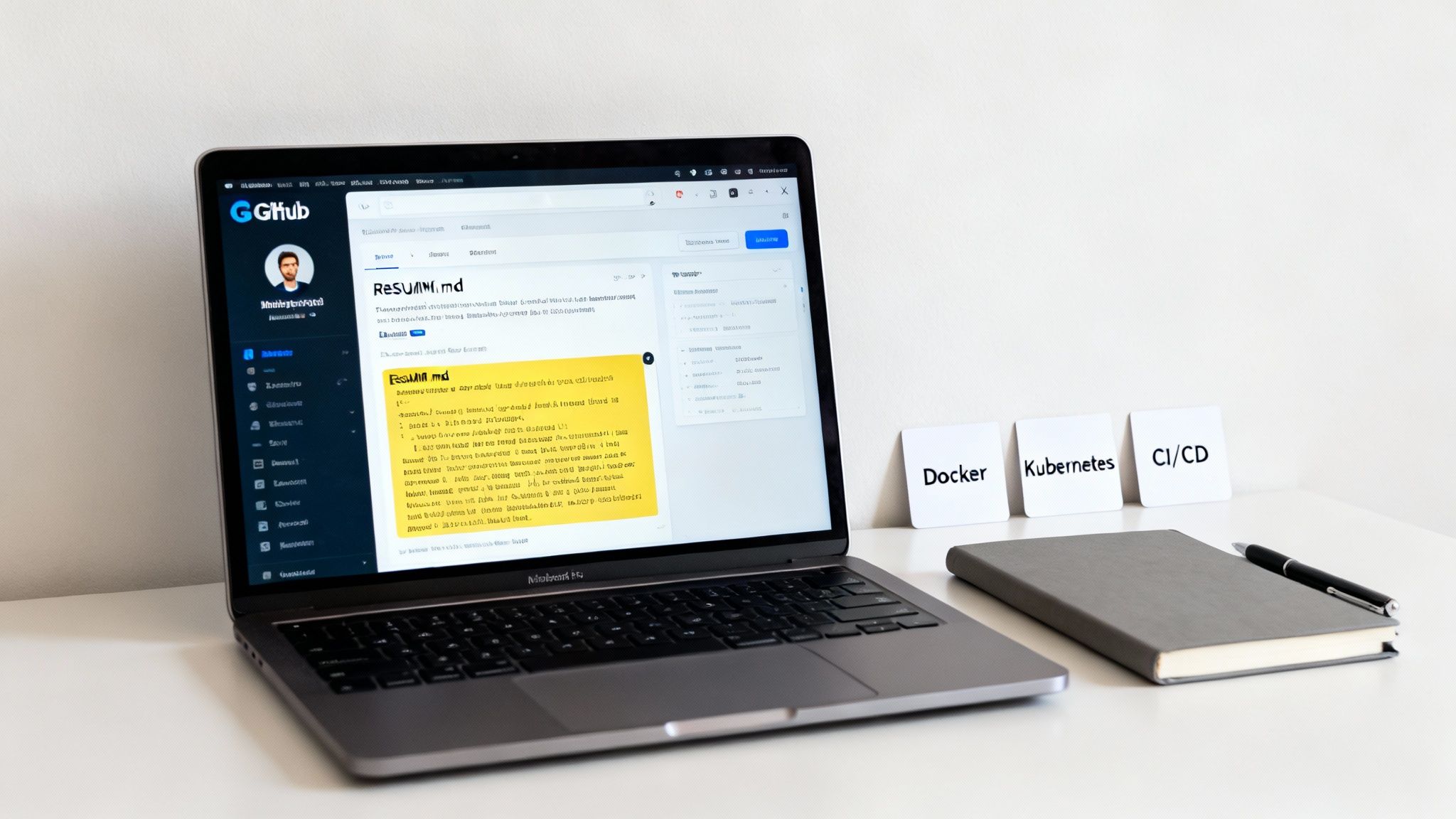 A laptop displays a GitHub resume page alongside a notebook, pen, and cards with DevOps tools.