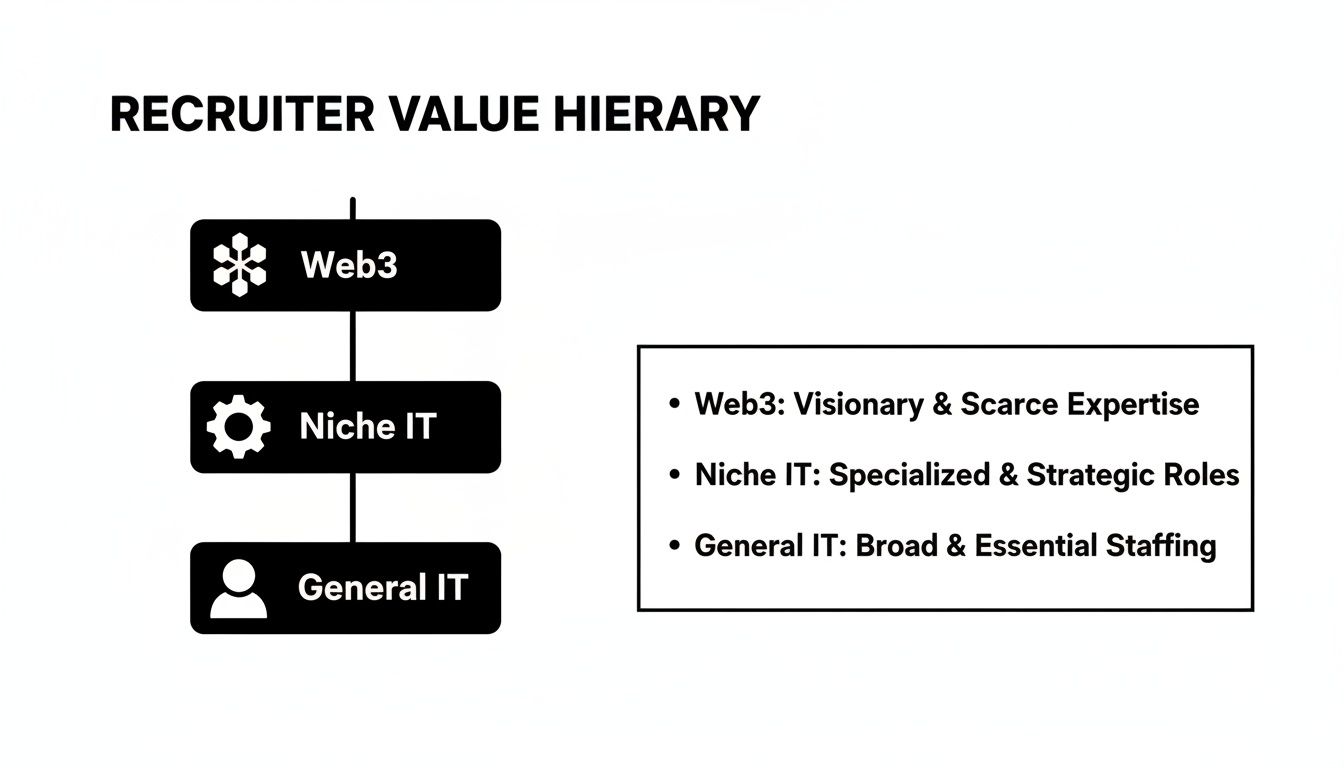 A hierarchy diagram showing recruiter value in IT, from General IT to Niche IT and Web3 expertise.
