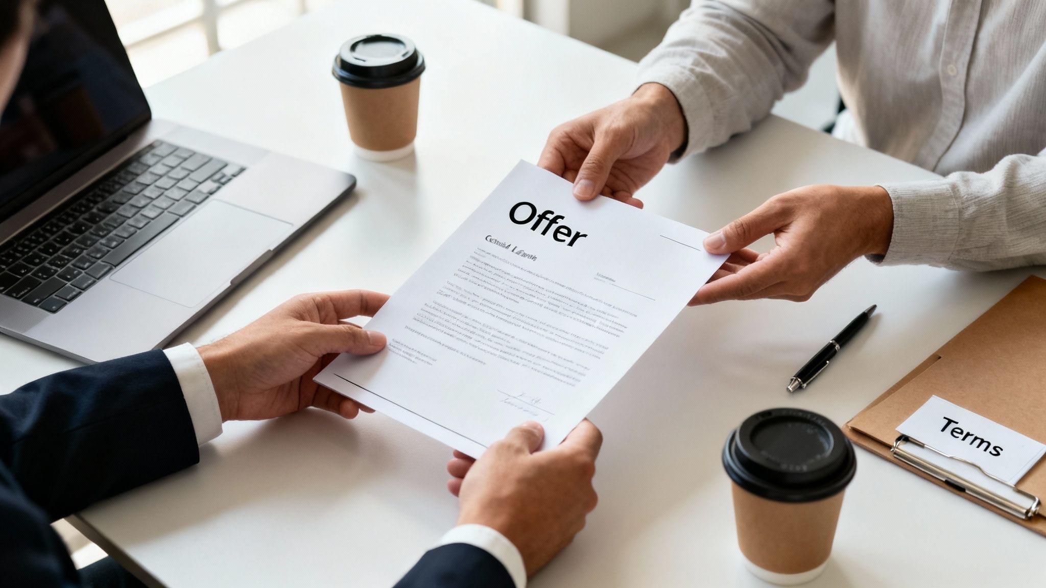 Two professionals at a desk exchanging an 'Offer' document, with a laptop and coffee cups visible.