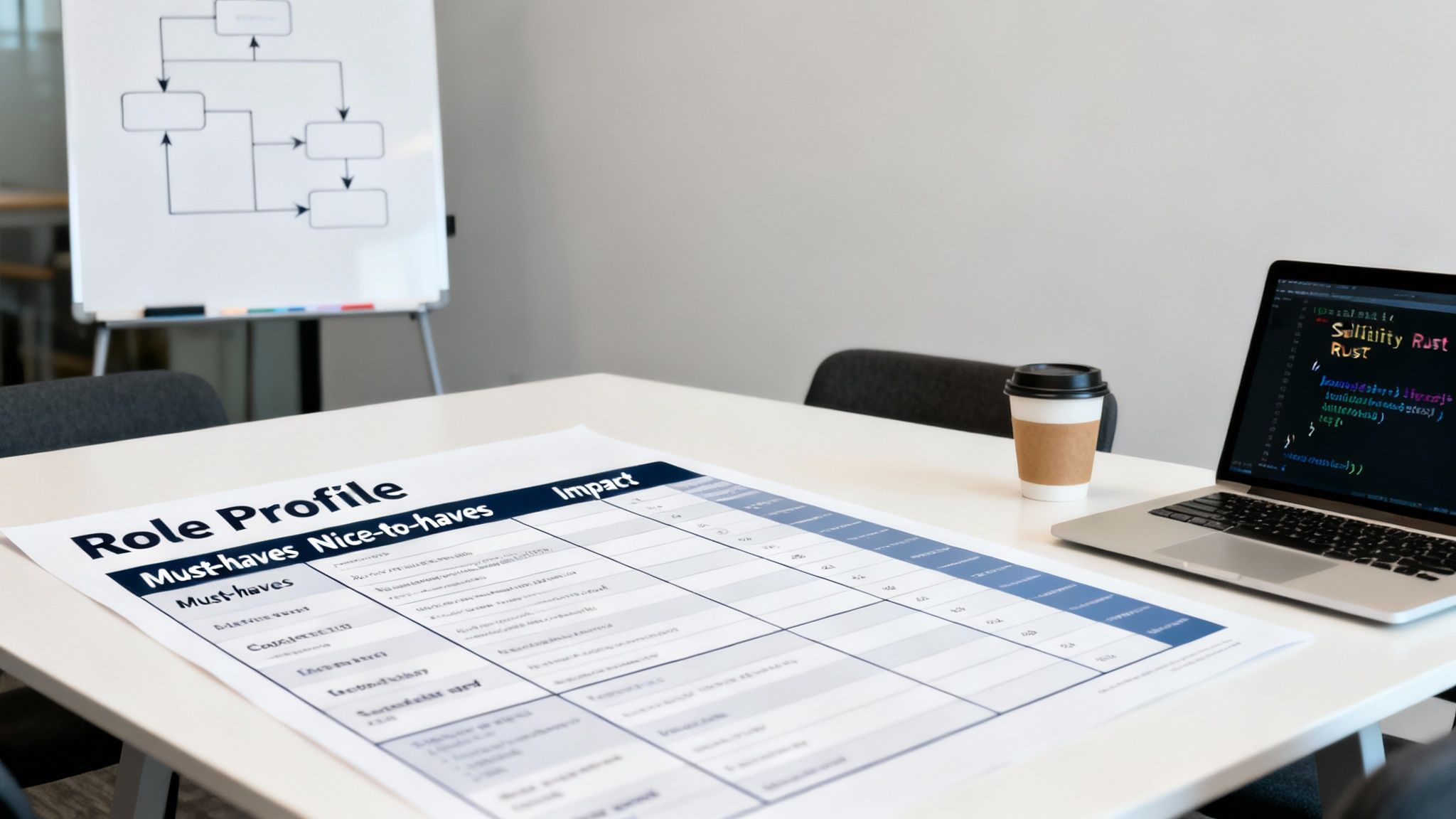 A table with a 'Role Profile' for hiring, a laptop displaying 'Solidity Rust' code, and a flowchart on a whiteboard.