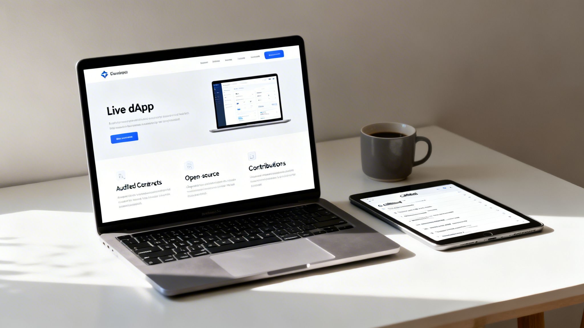 A laptop on a white desk displays a dApp website, next to a tablet and a coffee mug.