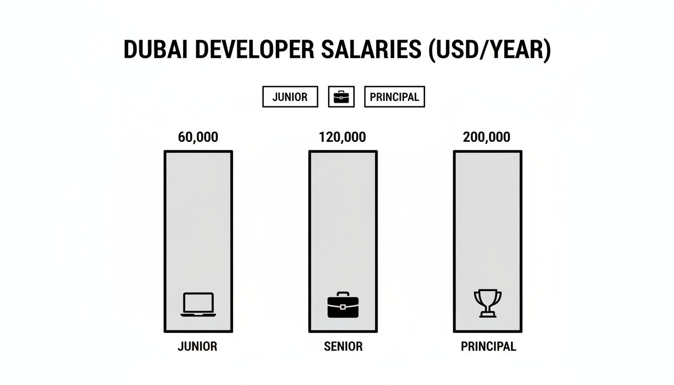 Bar chart showing Dubai developer salaries by experience level: Junior ($60,000), Senior ($120,000), Principal ($200,000).