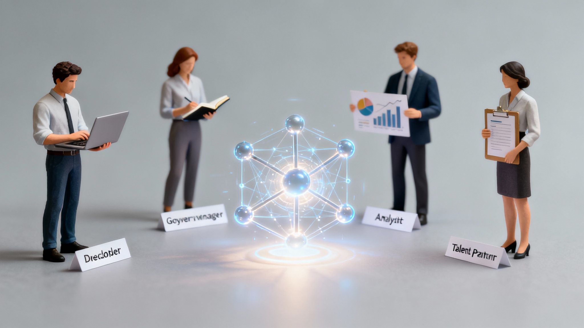 Four business figures with varied roles around a glowing central data network, symbolizing collaboration.
