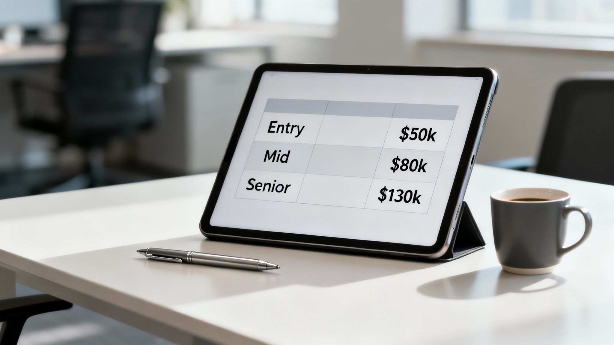 A tablet on a desk displays an IT recruiter salary comparison table with entry, mid, and senior levels.