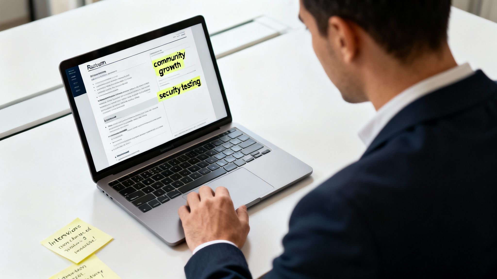 Person in a suit using a laptop with 'community growth' and 'security testing' highlighted, alongside sticky notes.