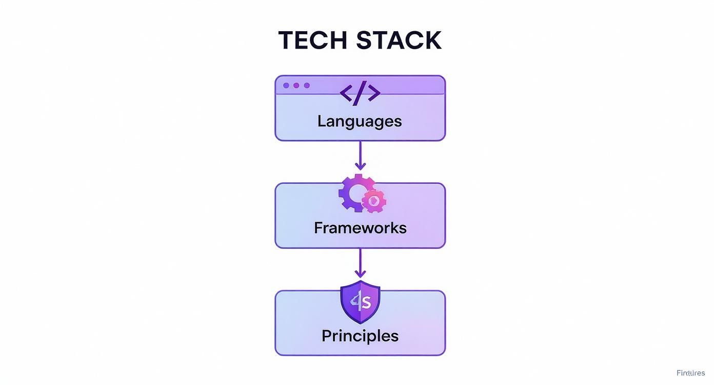 Hierarchical diagram showing a tech stack with programming languages, frameworks, and principles.