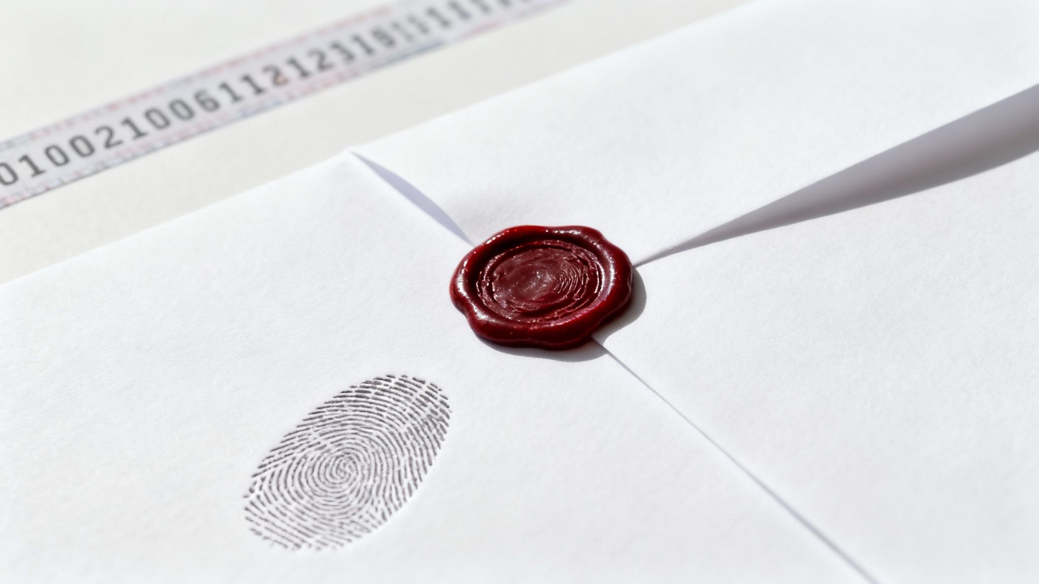White envelope with a red wax seal and fingerprint, symbolizing secure communication and data.