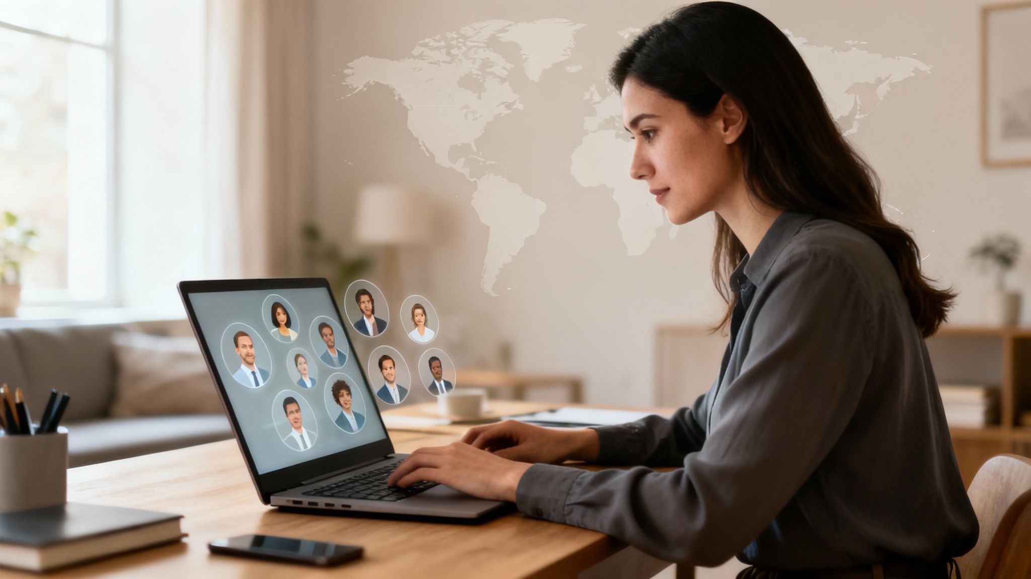 Woman in home office attending a global online meeting with diverse team on her laptop.