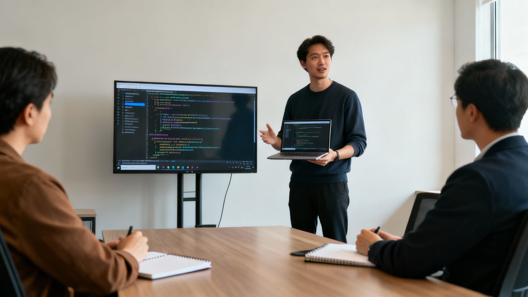 A developer presents code on a laptop and large screen to two colleagues in a meeting.