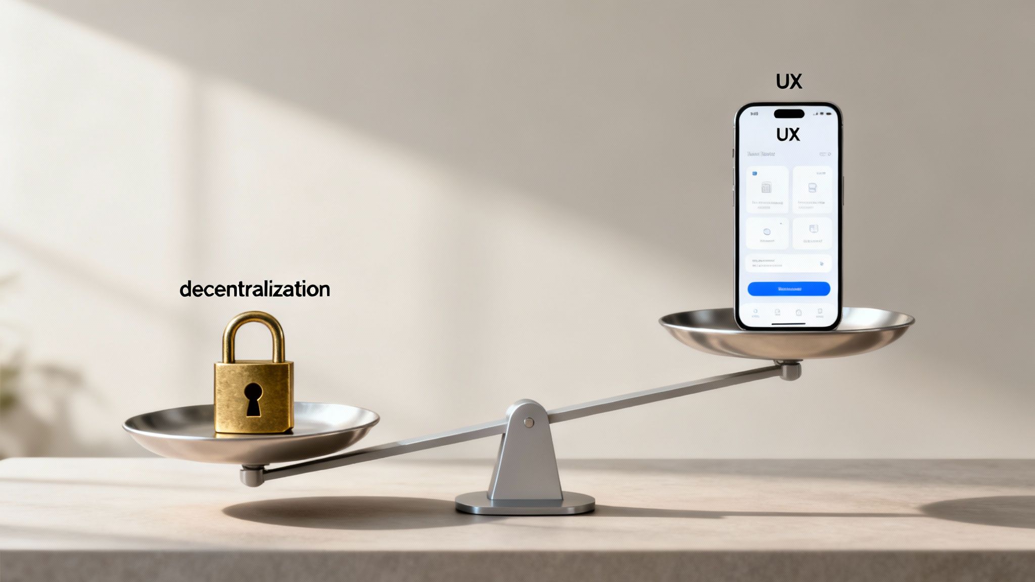 A balance scale comparing a padlock representing decentralization with a smartphone showcasing UX, highlighting their relative importance.