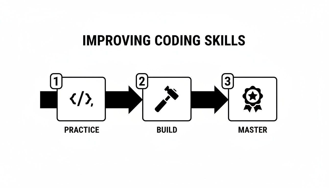 A three-step diagram illustrating how to improve coding skills: practice, build, and master.