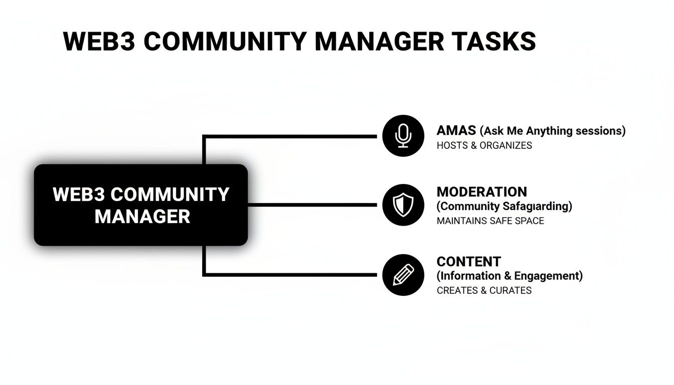 Flowchart illustrating key responsibilities of a Web3 Community Manager, including AMAs, moderation, and content creation.