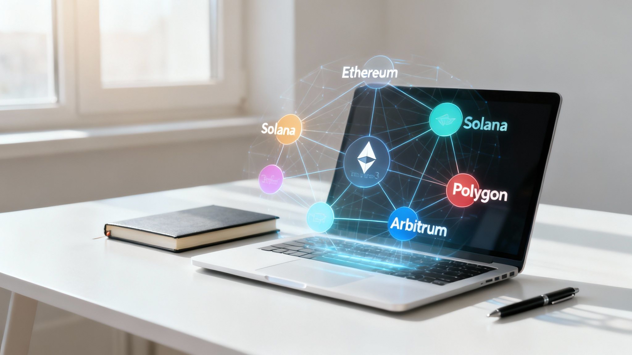 Laptop displays a holographic blockchain network with Ethereum, Solana, Polygon, and Arbitrum on a white desk.