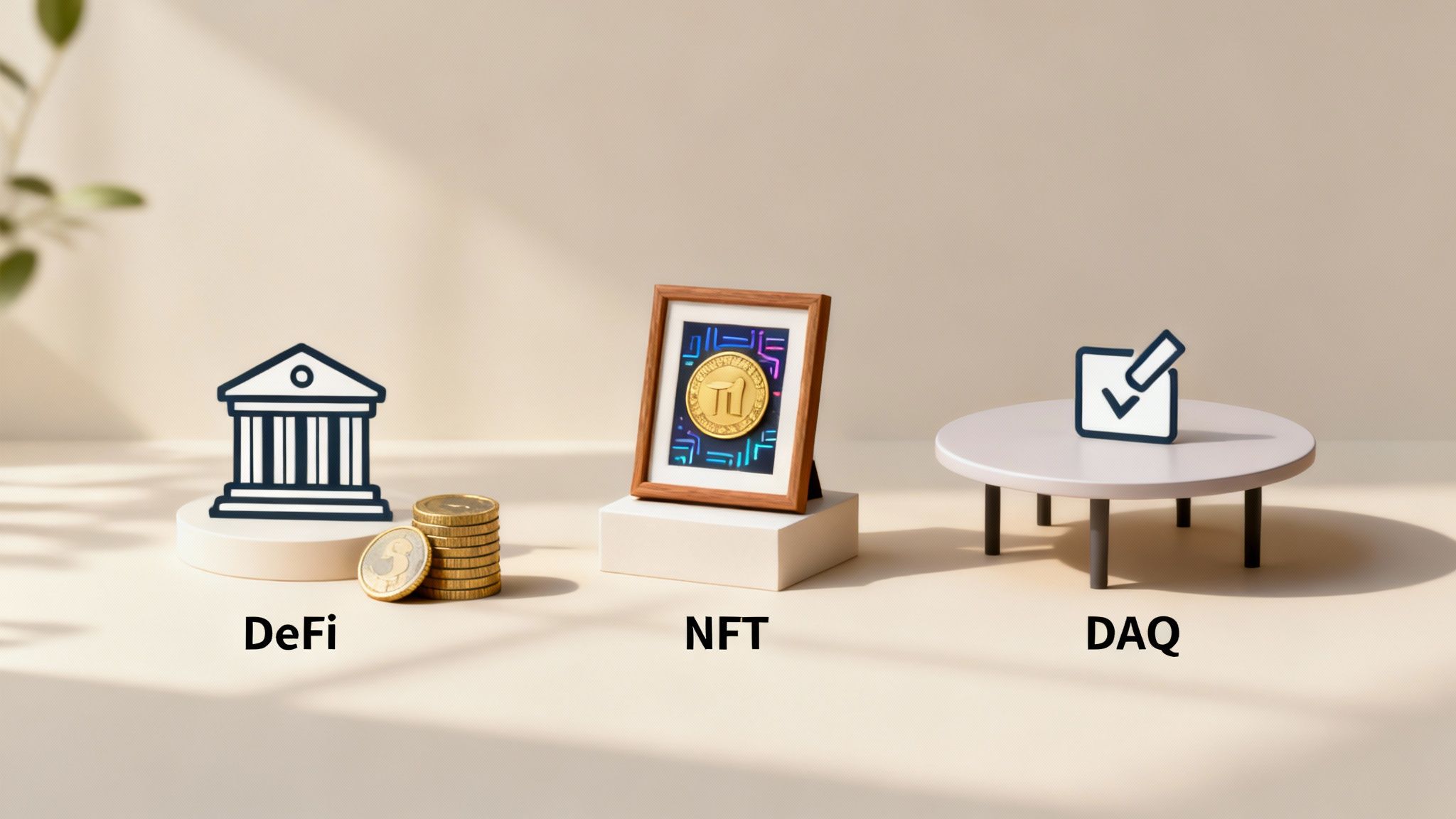 Illustrative image showcasing DeFi, NFT, and DAQ with respective icons and objects on display.