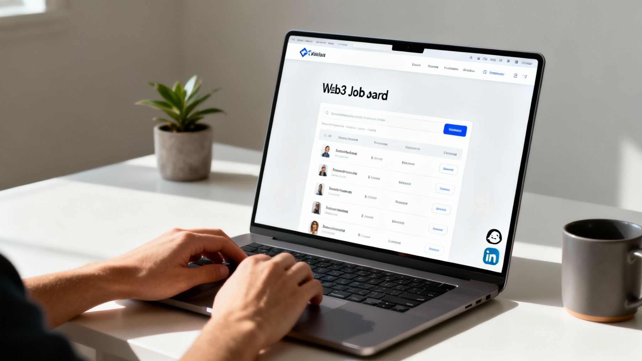A person looking at a computer screen displaying various crypto job listings.