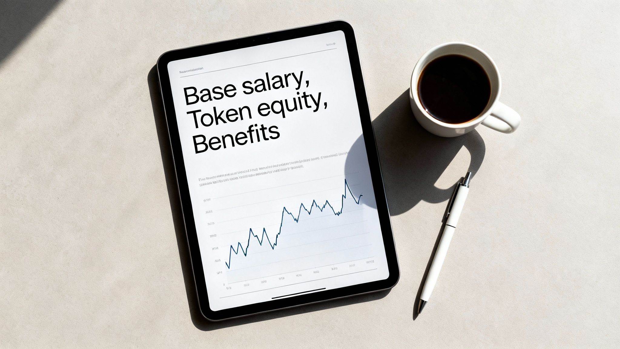 A tablet displays a financial chart and text about base salary, token equity, and benefits, next to a coffee cup and pen.