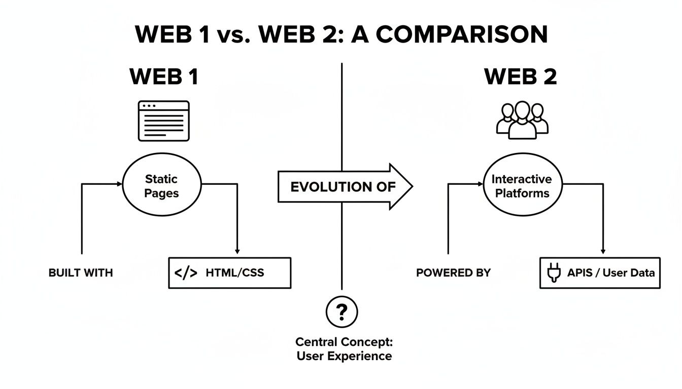 Diagram comparing Web 1 (static pages, HTML/CSS) and Web 2 (interactive platforms, APIs, user data) evolution.