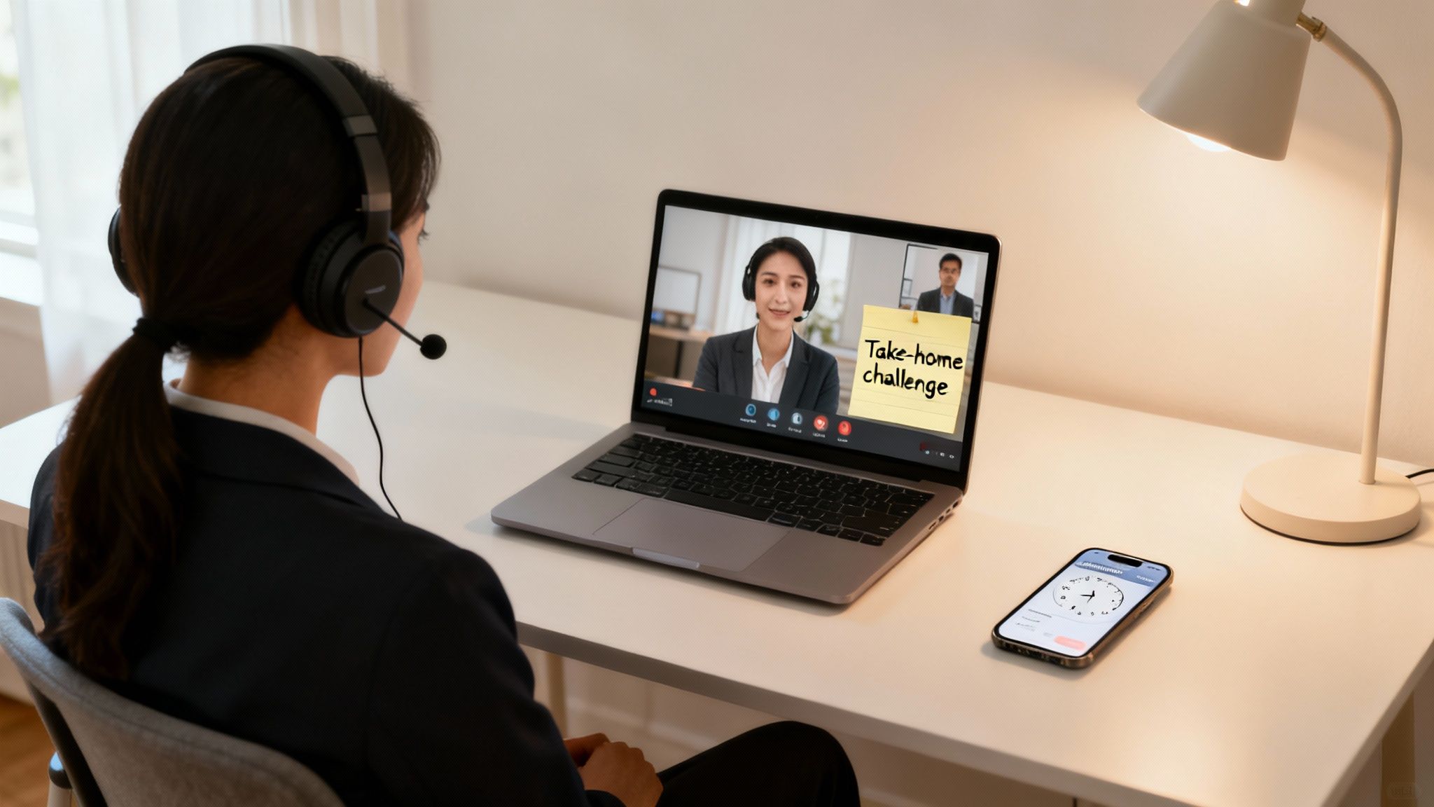 A person in a headset having a video call on a laptop with a 'take-home challenge' sticky note.