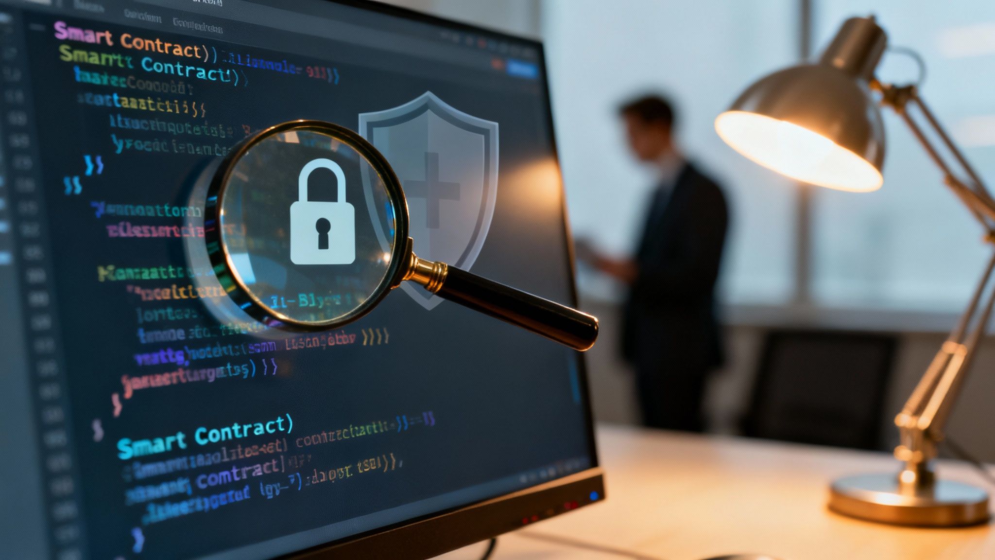 Magnifying glass over computer screen displaying smart contract code and a security padlock.