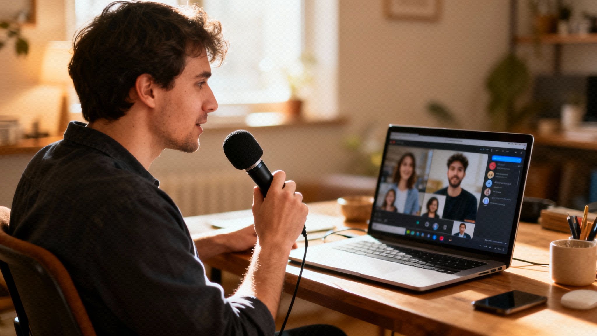 A man speaking into a microphone during a video conference call on his laptop.