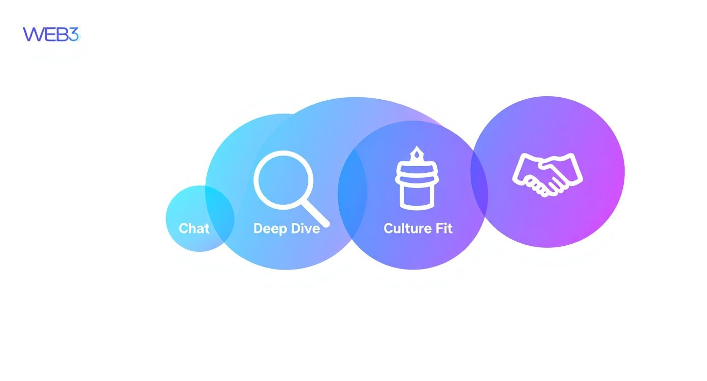 Infographic showing the three stages of a Web3 interview process Chat, Deep Dive, and Culture Fit.