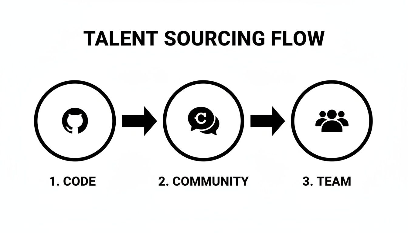 Diagram illustrating a talent sourcing flow, starting from code (GitHub), moving to community, and finally reaching a team.