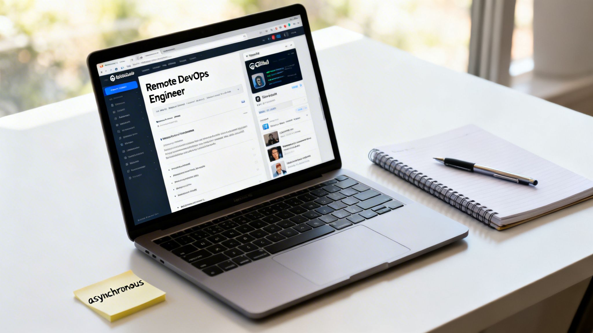 A laptop displays 'Remote DevOps Engineer' on screen, with a notebook, pen, and 'asynchronous' sticky note on a white desk, representing a remote workspace.