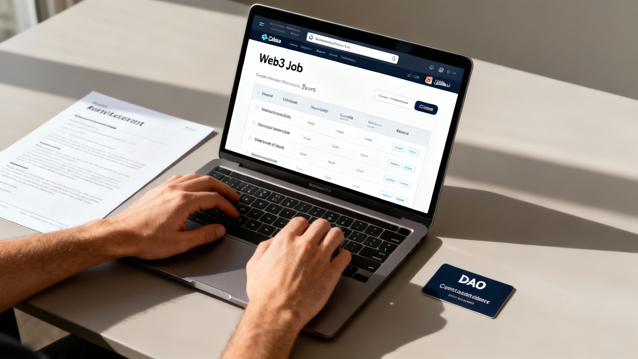 Hands typing on a laptop displaying a "Web3 Job" application interface with a DAO card nearby.
