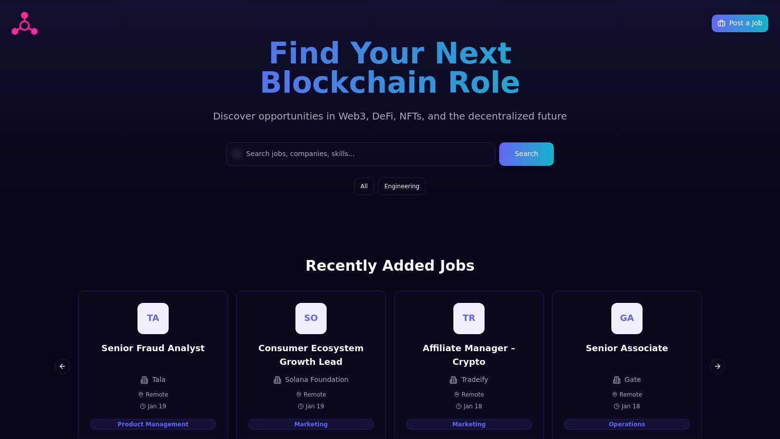 A screenshot of the Blockchain Jobs website interface, showing a clean layout with job listings for remote community manager roles.