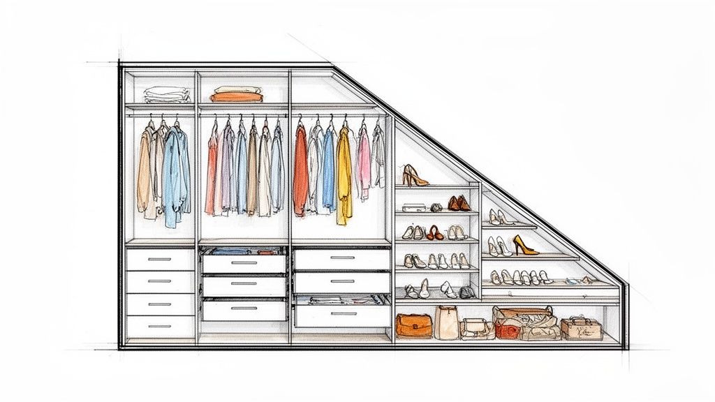 Op maat gemaakte kledingkast met schuine wand, inclusief hangruimte, lades, schoenen en tassen.