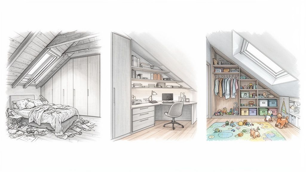 Drie schetsen van zolderkamers met slimme opbergoplossingen onder schuine wanden, inclusief slaapkamer, kantoor en speelkamer.