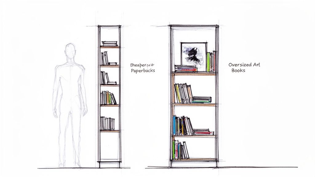 Schets van twee boekenkasten, één voor paperbacks en één voor grote kunstboeken, naast een menselijke figuur voor schaal.