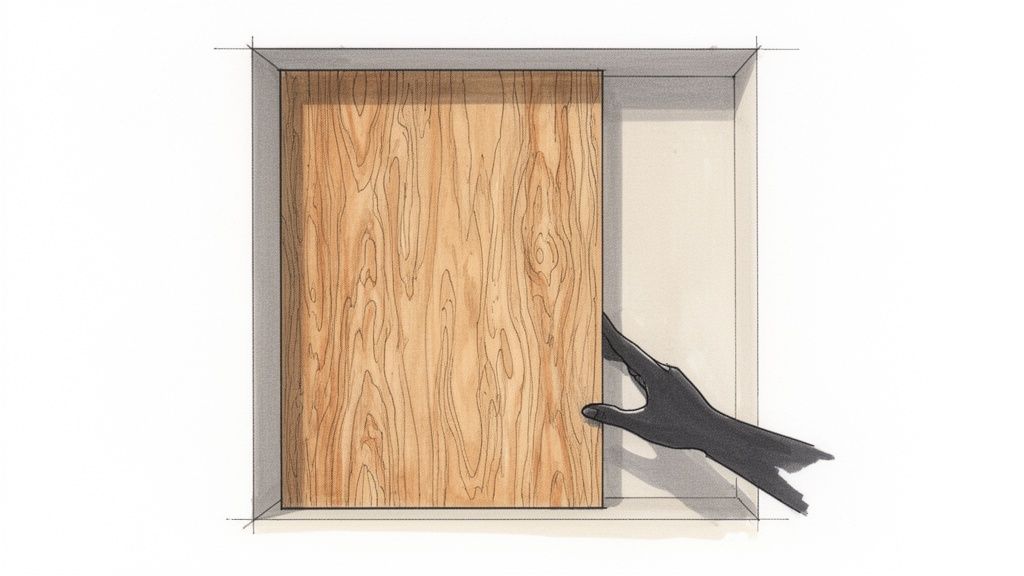 Een donkere hand schuift een houten plank met nerfpatroon in een muuruitsparing.