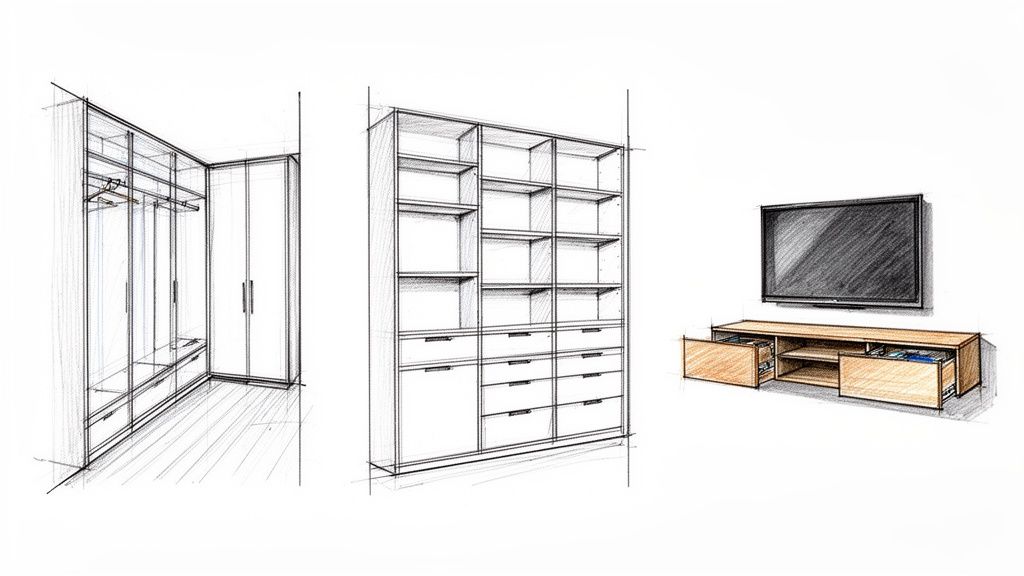 Schetsen van verschillende op maat gemaakte meubels: een kledingkast, boekenkast en tv-meubel.