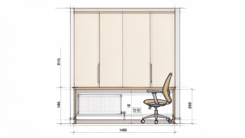 Een gedetailleerde schets van een werkplek met bureau, radiator en kastenwand, inclusief afmetingen voor het ontwerp.