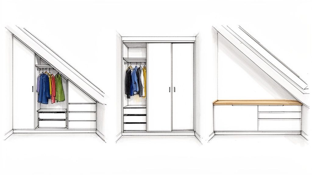 Drie gedetailleerde ontwerpen van op maat gemaakte kasten en opbergruimtes, perfect geïntegreerd onder een schuine wand.