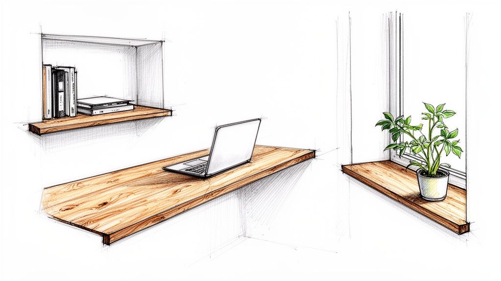 Een schets van een interieur met houten planken, een laptop op een bureau en een plant op de vensterbank.