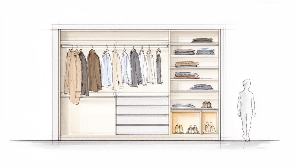 Gedetailleerde architecturale schets van een op maat gemaakte garderobekast met hangende kleding, planken en schoenen.