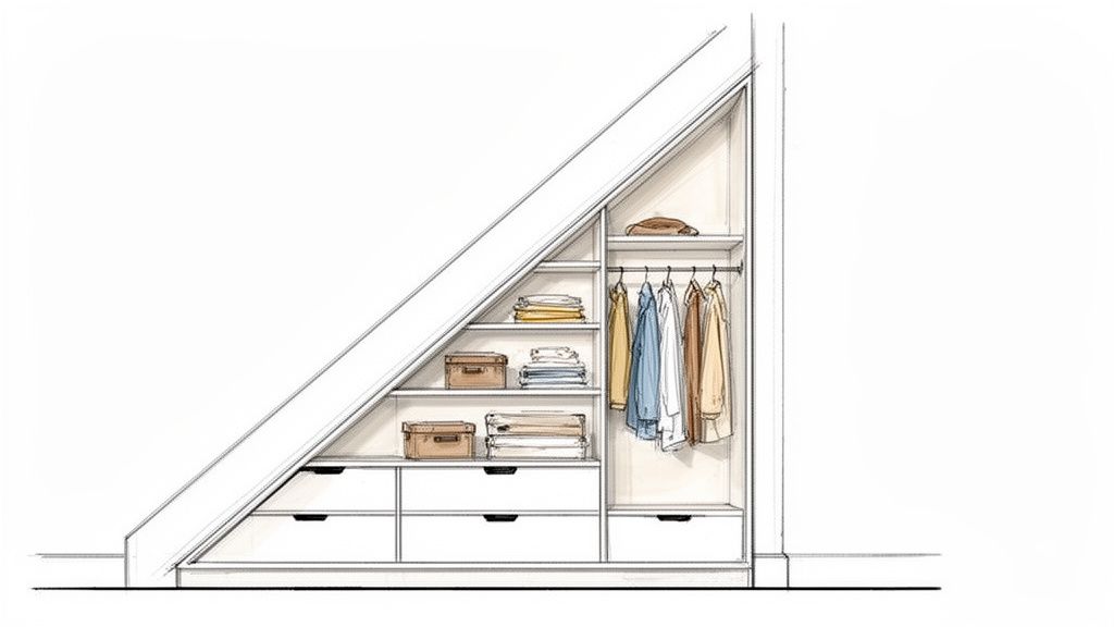 Een op maat gemaakte trapkast met planken, laden en hangruimte, georganiseerd met kleding en opbergdozen.