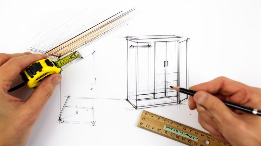 Handen schetsen meubels, meten maten met een geel meetlint en liniaal op wit papier, gericht op een kledingkastontwerp.