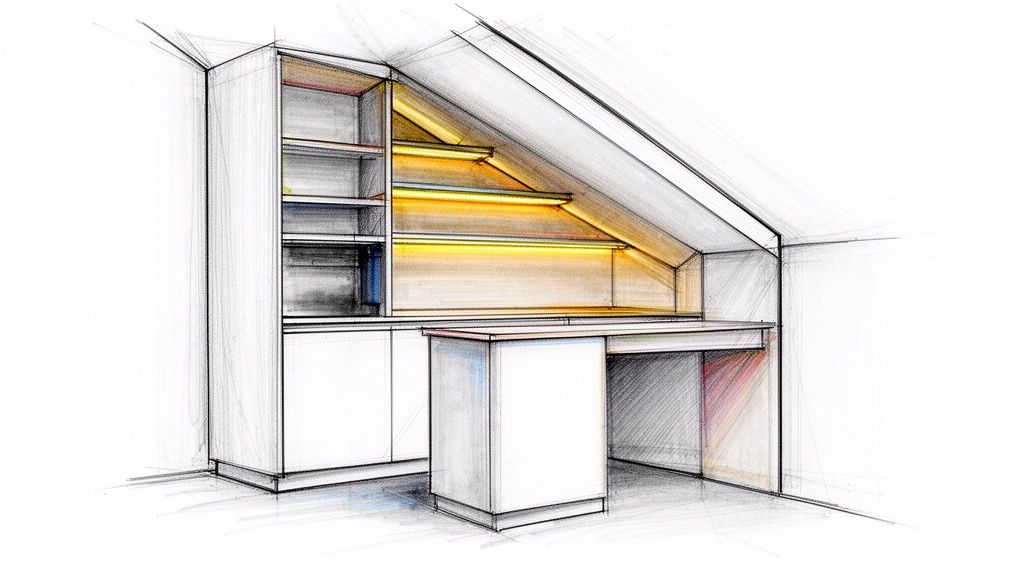 Gedetailleerde schets van een op maat gemaakte open kast en bureau-opstelling onder een schuin dak, met ingebouwde verlichting.