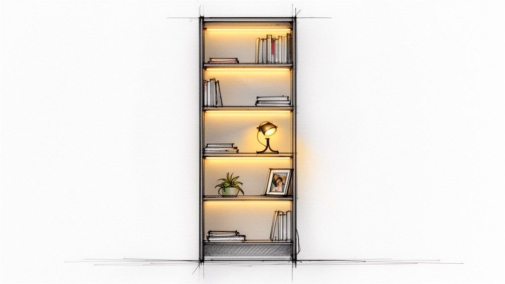 Een gedetailleerde schets van een smalle, hoge boekenkast met verlichte planken, boeken, een plant en decoratie.