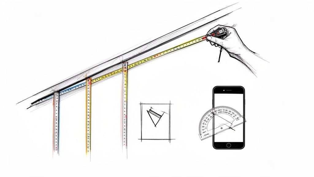 Illustratie van metingen aan een schuin dak met meetlinten en een smartphone-app voor hoekberekeningen.