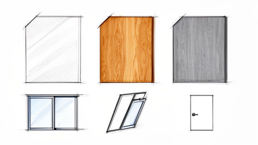 Handgetekende schetsen van diverse meubels en bouwcomponenten, waaronder kasten, ramen en een deur.